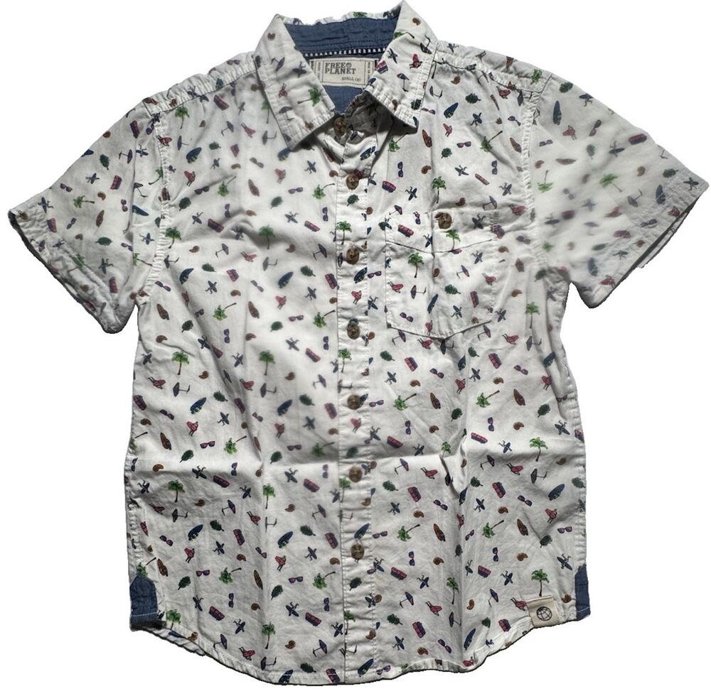 Free Planet Boys Small 8 White Beach Print Button Up Shirt 100% Cotton
